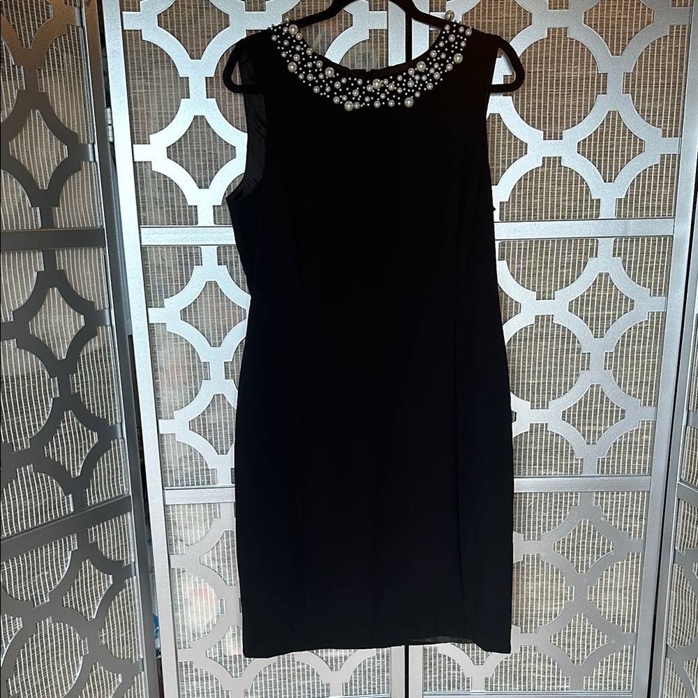 Calvin Klein Black Embellished Ribbed Sheath Dress